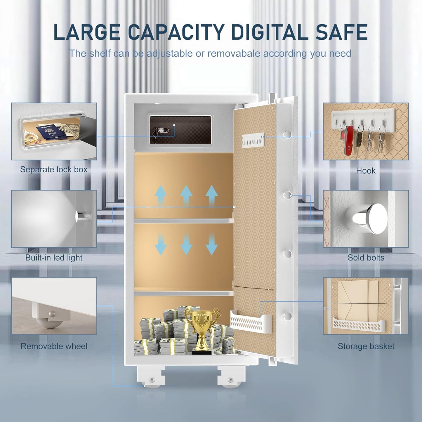 【𝐔𝐒 𝐒𝐓𝐎𝐂𝐊】TIGERKING 5.9 Cubic Feet Extra Large Heavy Duty Safe Box, Big Home Safe with Double Safety Key Lock and Separate Lock Box, Digital safe with 2 Removable Shelf for Home Hotel Office