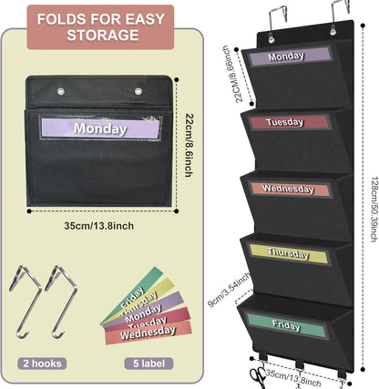 Weekly Over the Door File Organizer, Hanging File Folders Wall Organizer with 5 Large Pockets for Papers, Charts, Mails, Magazine, Office and Back To School Supplies Storage and Organization (Black)