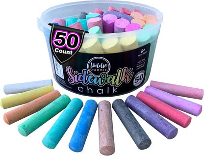 Loddie Doddie Sidewalk Chalk for Kids - 50 Count, 12 Multicolor Jumbo Sticks - Non-Toxic & Washable Bulk Chalk Pack in Reusable Bucket - Easy Grip for Vibrant Outdoor Kids Activities