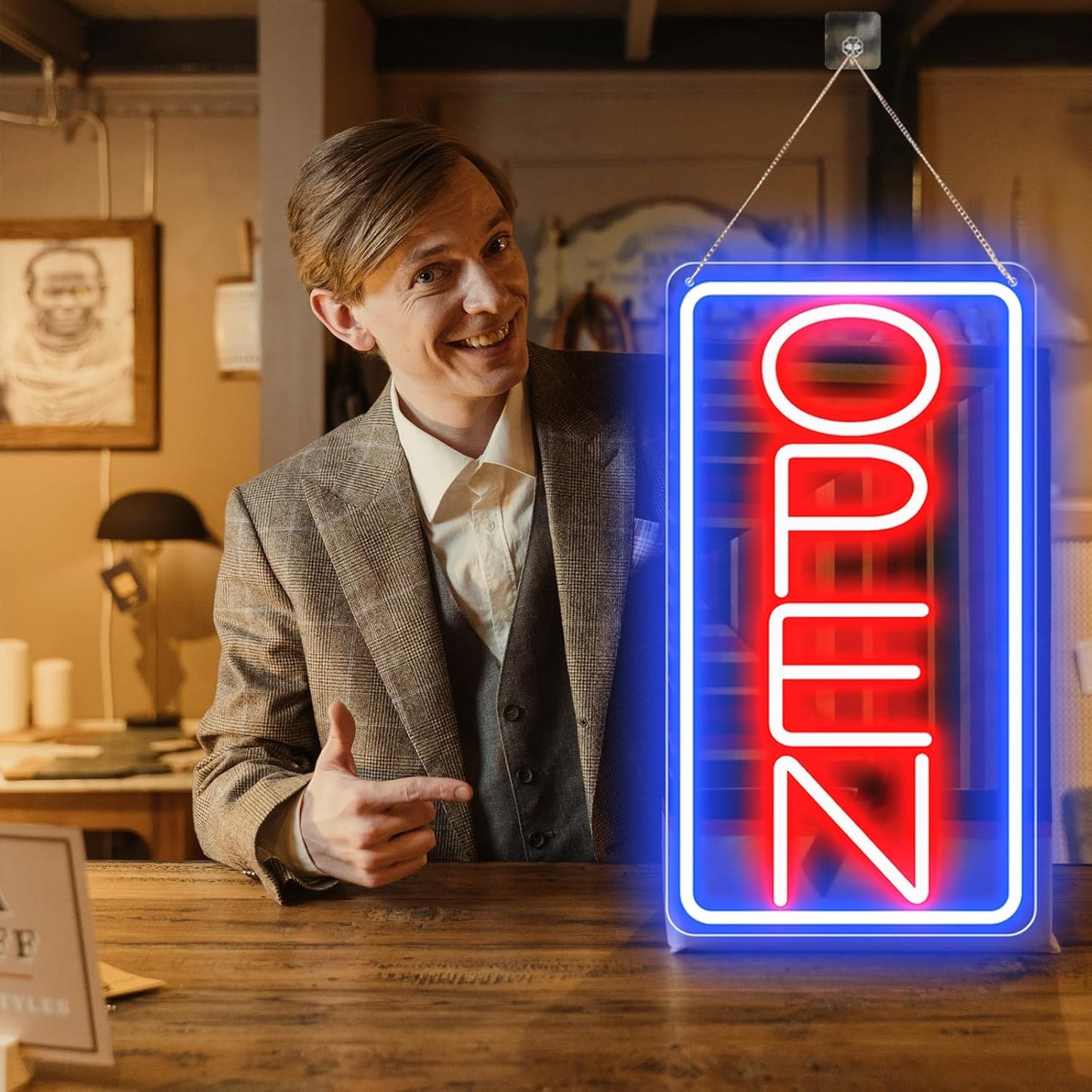 Led Neon Open Signs for Business,16.5"X 9" Ultra Bright Open Signs, Powered by 12V/2A AC Adapter, 6 Levels Adjustable Bright Led Neon Open Sign for Bar Salon Coffee Stores Club Hotel (Vertical)