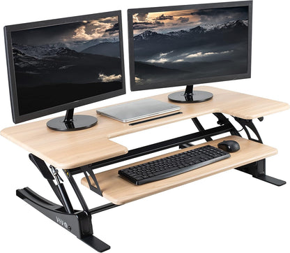 VIVO 42 inch Height Adjustable Stand Up Desk Converter, V Series, Quick Sit to Stand Tabletop Dual Monitor Riser Workstation, Light Wood Top, Black Frame, DESK-V000VLO