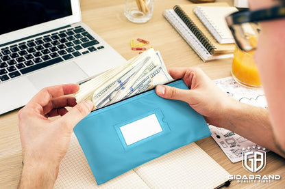 Money Bank Deposit Bag with Zipper | 11x6 inch | Light Blue | Durable Leatherette Money Cash Coin Check Wallet Pouch for Men & Women with Framed ID Window and Blank Card | by GIDABRAND (1)