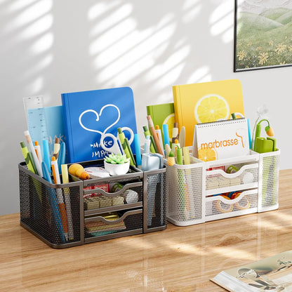 Marbrasse Mesh Desk Organizer, Pen Organizer with 2 Drawer, Multi-Functional Pencil Holder, Desk Organizers and Accessories with 5 Compartments + Drawer for Office Art Supplies (Black)