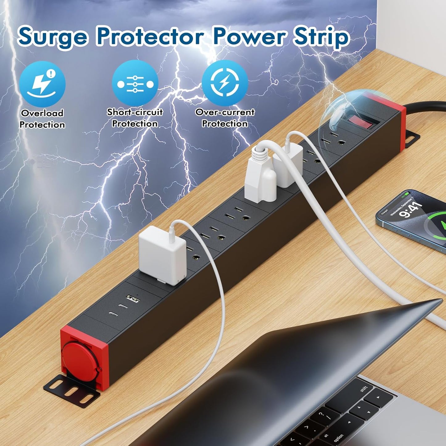 360° Rotating Mountable Power Strip with USB Ports, 8 Outlet Surge Protector Power Strips Wall Mount, Metal Heavy Duty Versatile Outlet with 6FT Power Cord,For Home Office Industrial Garage Commercial