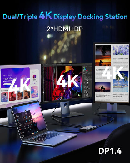 USB C Docking Station Dual Monitor for Dell/HP/Lenovo Laptop, Single 8K@30Hz/4K@120Hz, Triple 4K Display USB C Hub Multiple Adapter with 2 HDMI+DP+USB3.1+6 USB+RJ45+PD+SD/TF+Audio for iPhone 15