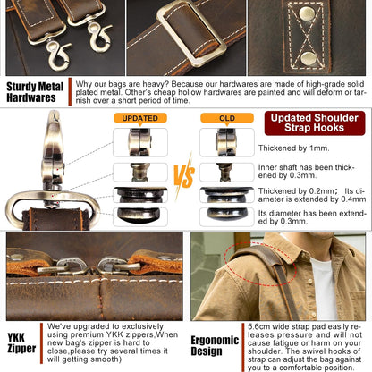 Masa Kawa Leather Briefcase for Men 15.6", 17" Laptop Computer Case Business Travel Work Messenger Cross Body Shoulder Bag