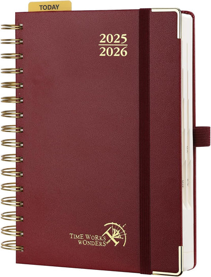POPRUN Academic Daily Planner 2025-2026 One Page A Day - [5.75" x 8.5"- Spiral Hard Cover], Appointment Book (July 2025 - June 2026) with Monthly Calendar - Burgundy