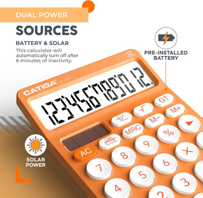 CATIGA 12 Digit Desktop Calculator Basic Desk Calculator with Large LCD Display, Big Buttons, 4 Function, Solar and Battery Dual Power, for Office, School, Home, SD-1292 Orange