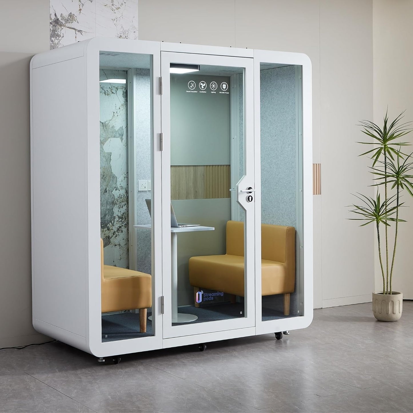 GEARONIC Mobile Office Pod Booth, Standard Sound Proof Office Pod for 2 People, Sound Pod Booth with Mobile Roller, LED Lighting System,Fans and AC USB Ports