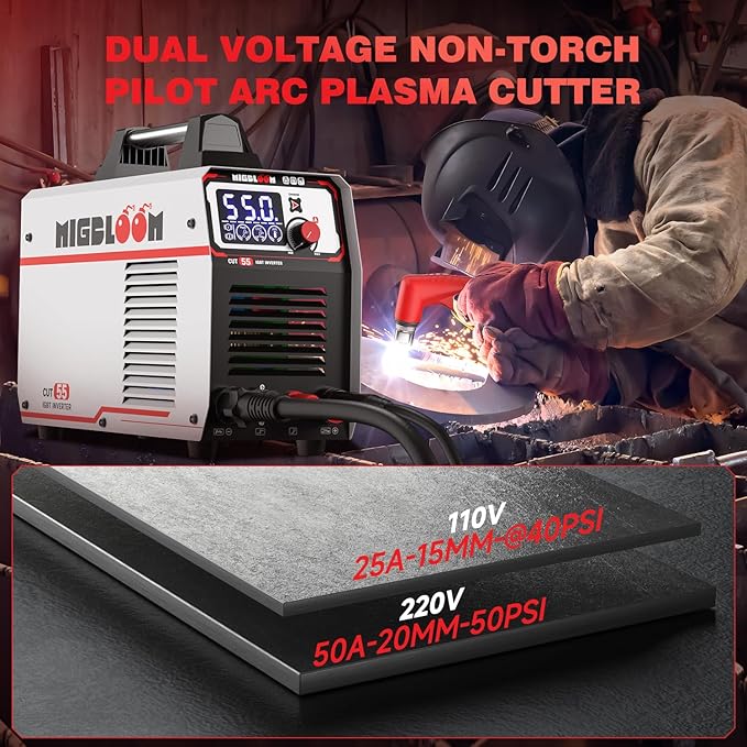 Plasma Cutter 55Amp Non Touch Pilot Arc Non-High Frequency,Non-Touch Dual Voltage 110V/220V Plasma Cutting Machine with LCD Screen IGBT Inverter 3/4'' Max Cut, Post Flow Mesh Cut 2T/4T