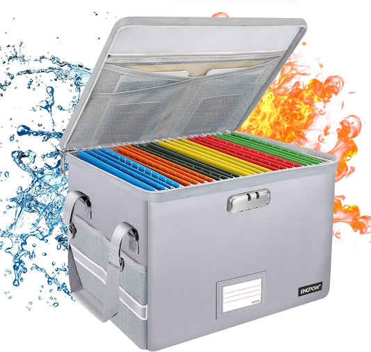 ENGPOW File Box with Lock, Fireproof Document Box with Zipper＆Pockets, Collapsible File Organizer Filing Storage Cabinet with Handle, Portable Home Office Safe for Hanging Letter/Legal Folder,Silver