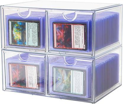 4 Drawer Trading Card Storage Box for Toploader & Magnetics, Clear Card Organizer with Divider for TCG, MTG, Sports Cards, Holds 380+ Top Loaders