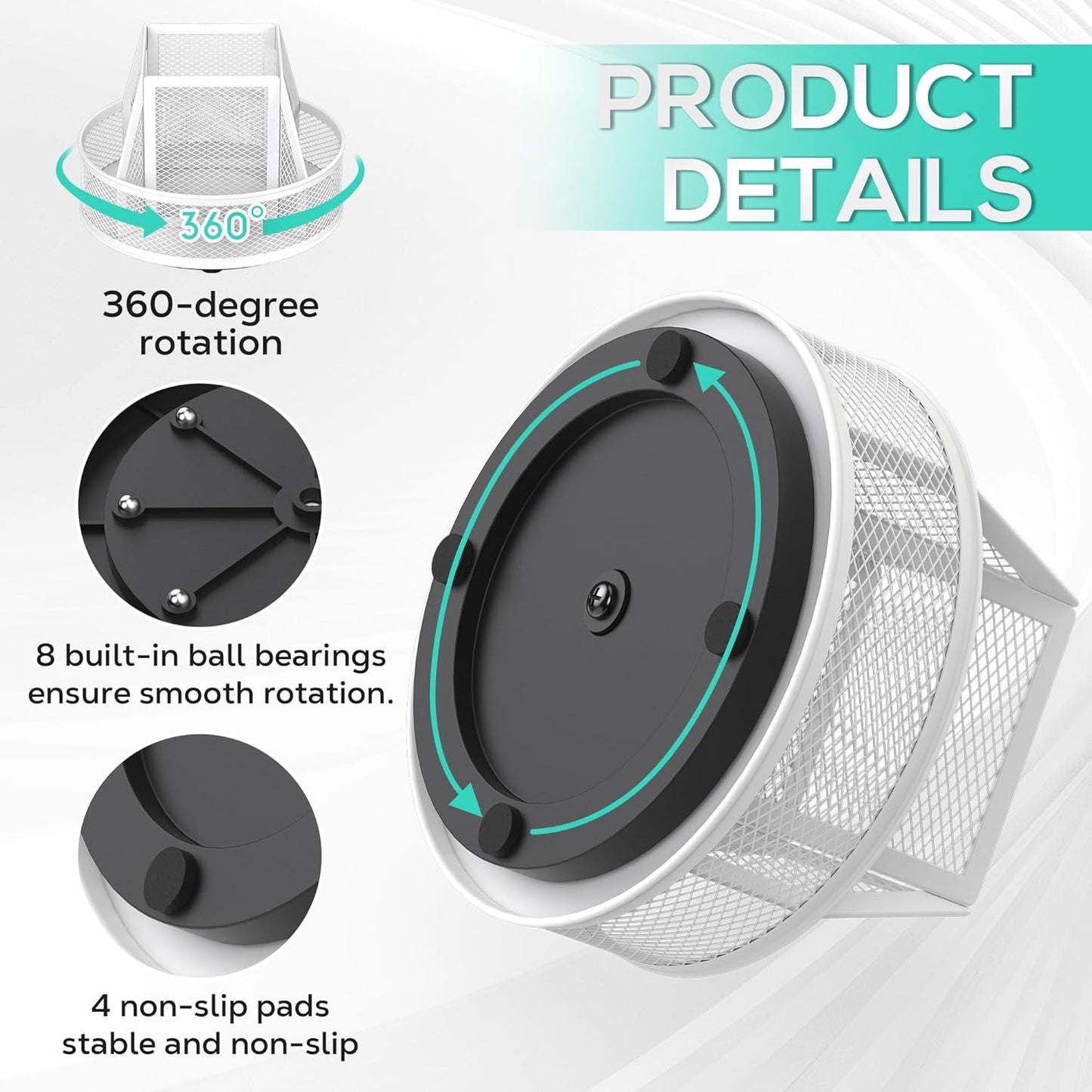 YINGHUA Metal Mesh Desk Organizer with 5 Compartments and Rotating Pencil Holder Pen and Stationery Organizer for Office Home School Anti Slip Base White