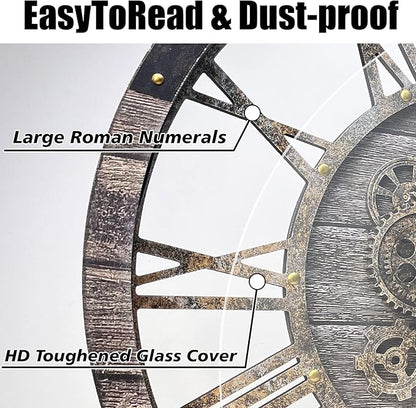 DORBOKER 27" Real Moving Gears Large Wall Clock with Toughened Glass Cover, Giant Wood Farmhouse Clock, Oversized Vintage Industrial Rustic Clock for Living Room Decor Home Kitchen (Carbon Grey)