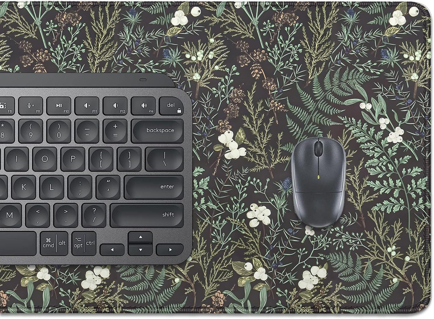 Dark Green Plant Desk Pad Mouse Pad,Vintage Green Fern Leaves Mouse Mat with Stitched Edges,Non-Slip Rubber Base Mousepad for Office PC Keyboard Laptop and Home Work Desk Mat(27.5X11.8 in)