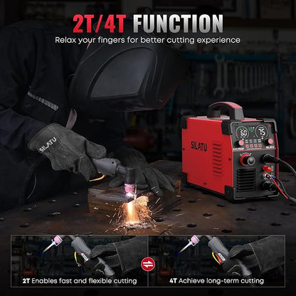 SILATU Plasma Cutter, 75Amps HF Non-Touch Pilot Arc Plasma Cutter Machine, 110/220V Dual Voltage Large LED Display Air Sensor Technology, 5/8'' Clean Cut 1'' Max Cut, PT/2T/4T for Beginners DIY (Red)