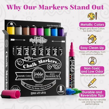 Loddie Doddie Metallic Liquid Chalk Markers for Chalkboard - 8 Count, 6mm Reversible Chisel & Bullet Tip - Erasable Chalk Pen - Metallic Chalkboard Markers - Chisel Tip Pens