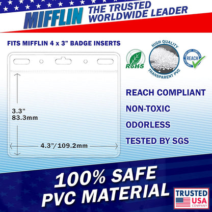 Mifflin-USA Card Protector (4x3 Inch, Clear, Bulk 50 Pack) Quick Load Horizontal No Zipper Name ID Badge Holder