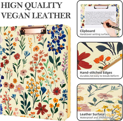 Ospelelf Leather Clipboard Binder with Storage - 3 Ring Zippered Padfolio Portfolio Folder - Calculator, 12.1” Tablet Sleeve, 5 Dividers with Pocket, Refillable Notepad, Card Slot (Floral)