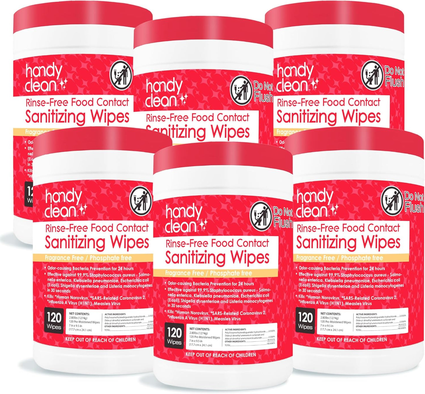 HandyClean Rinse-Free Food Contact Sanitizing Wipes Canister, Multi Surface Cleaning Wipes Cleaning Supplies for Kitchen and Professional Setting 6-Pack (120 Wipes Each)
