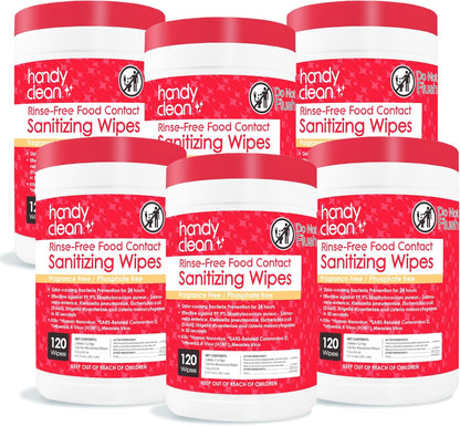 HandyClean Rinse-Free Food Contact Sanitizing Wipes Canister, Multi Surface Cleaning Wipes Cleaning Supplies for Kitchen and Professional Setting 6-Pack (120 Wipes Each)
