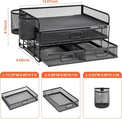 Marbrasse 3 Tier Mesh Desk Organizer with Drawer, Multi-Functional Desk Organizers and Accessories, Paper Letter Organizer with 2 Pen Holder for Home Office Supplies (Black)