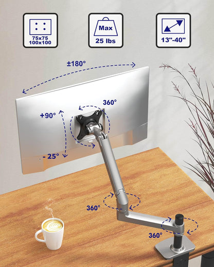 Single Monitor Arm Desk Mount, Holds Screens up to 40 Inches and 25 lbs, Fully Adjustable Vesa Monitor Mount with C-Clamp and Grommet Base, Aluminum, Silver