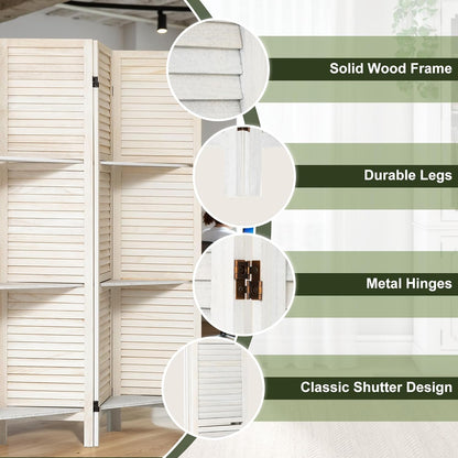 NicBex 4 Panel Room Divider 5.6FT Louvered Design Room Dividers with Display Storage Shelves Folding Privacy Screens Portable Freestanding Partition Wall Dividers for Home Bedroom Office, White