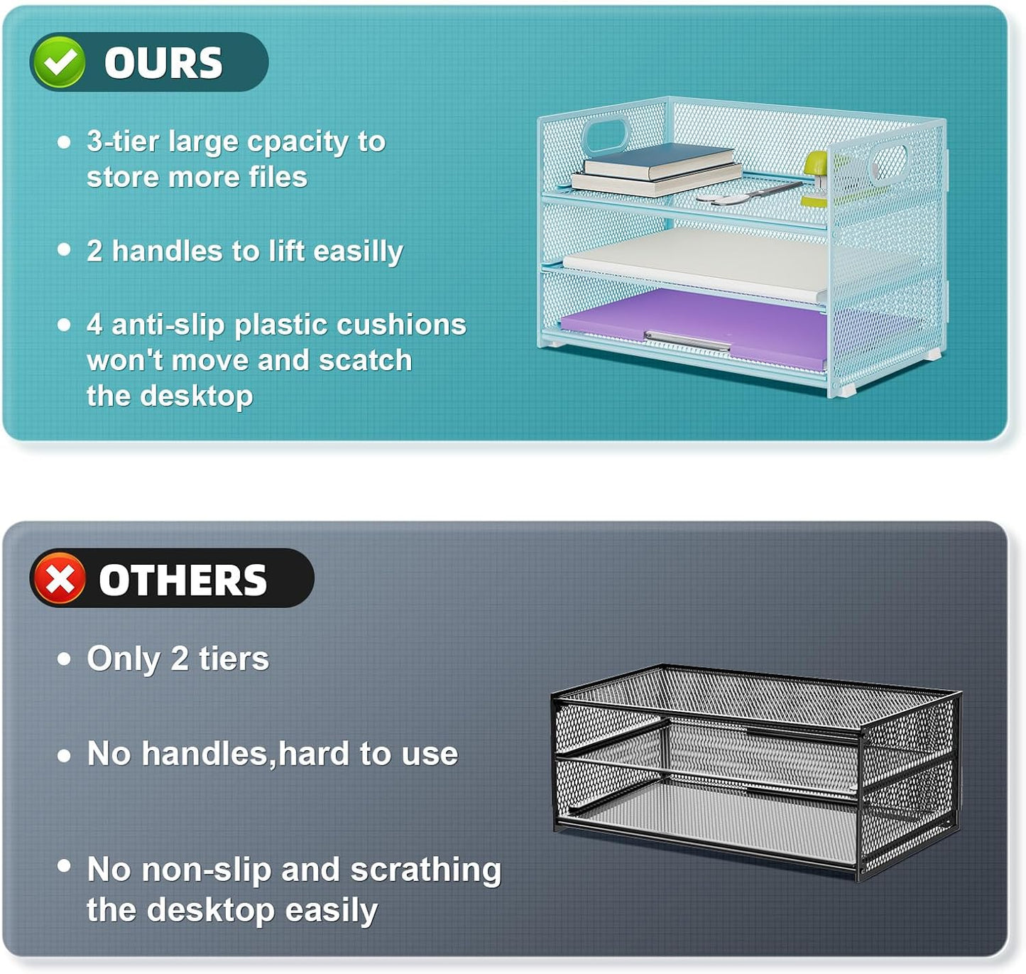 Marbrasse 3 Tier Paper Organizer Letter Tray, Mesh File Organizer with Handle, Paper Sorter Desk Organizer for Home Office Supplies(Blue)