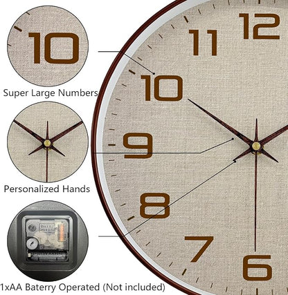 Woodgrain Wall Clocks Battery Operated 12 Inch with Linen Texture Face, Large Number Silent Digital Wall Clock, Non Ticking Analog Clock for Bedroom Living Room Bathroom Kitchen Office,Brown