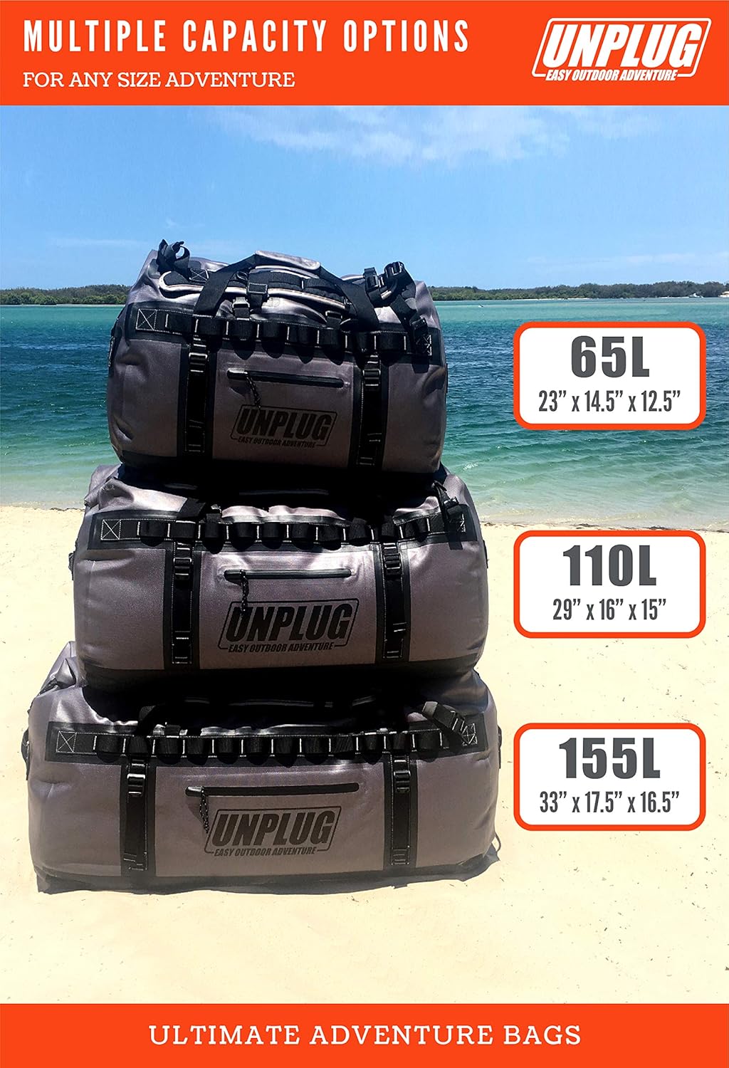 UNPLUG Ultimate Adventure Bag | 1680D Heavy Duty Waterproof Bag | Large Travel Duffle Bag which can be Used for Camping, Motorcycling, Boating, or Hunting