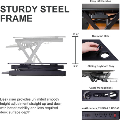 Rocelco 40" Height Adjustable Standing Desk Converter with AC Outlet USB Charger and Dual Monitor Arm Mount - Sit Stand Up Tabletop Riser - Sliding Keyboard Tray - Black (R DADRB-40-ACUSB-MA2)