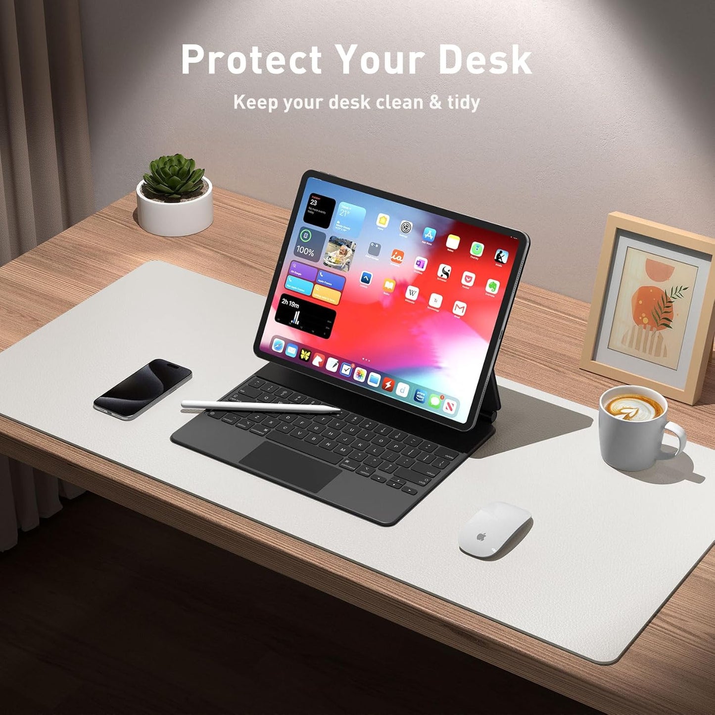 Aothia Leather Desk Pad Protector, Mouse Pad, Office Desk Mat, Non-Slip PU Leather Desk Blotter, Laptop Desk Pad, Waterproof Desk Writing Pad for Office and Home (23.6" x 13.7", Off-White)