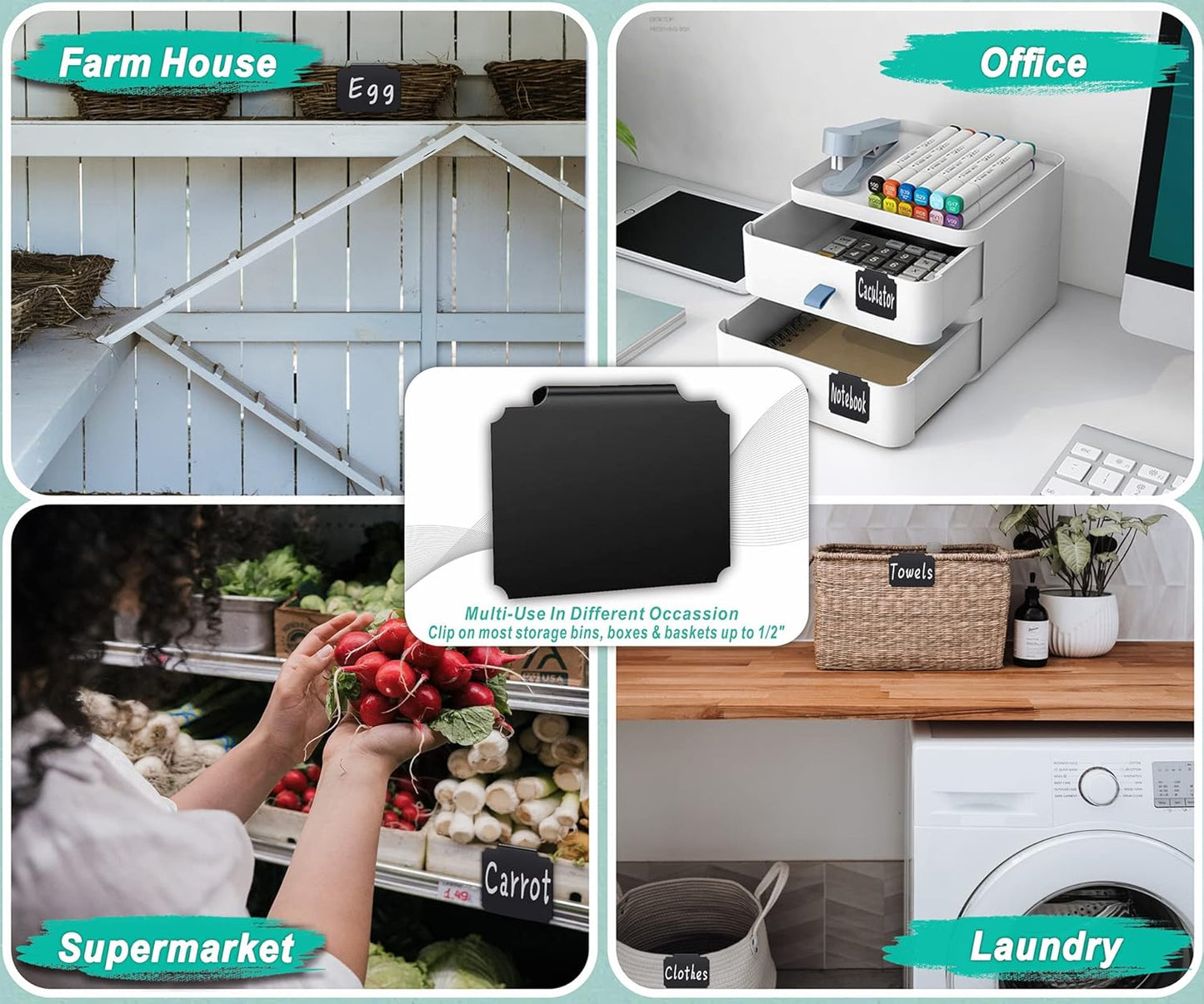 54-Piece Set of Basket Labels Clip On For Storage Bins: 20 Erasable Plastic Kitchen Pantry Labels, 32 Removable PVC Tag Stickers, 2 White Chalk Markers, For Organization Container, Jar, Shelf, Laundry