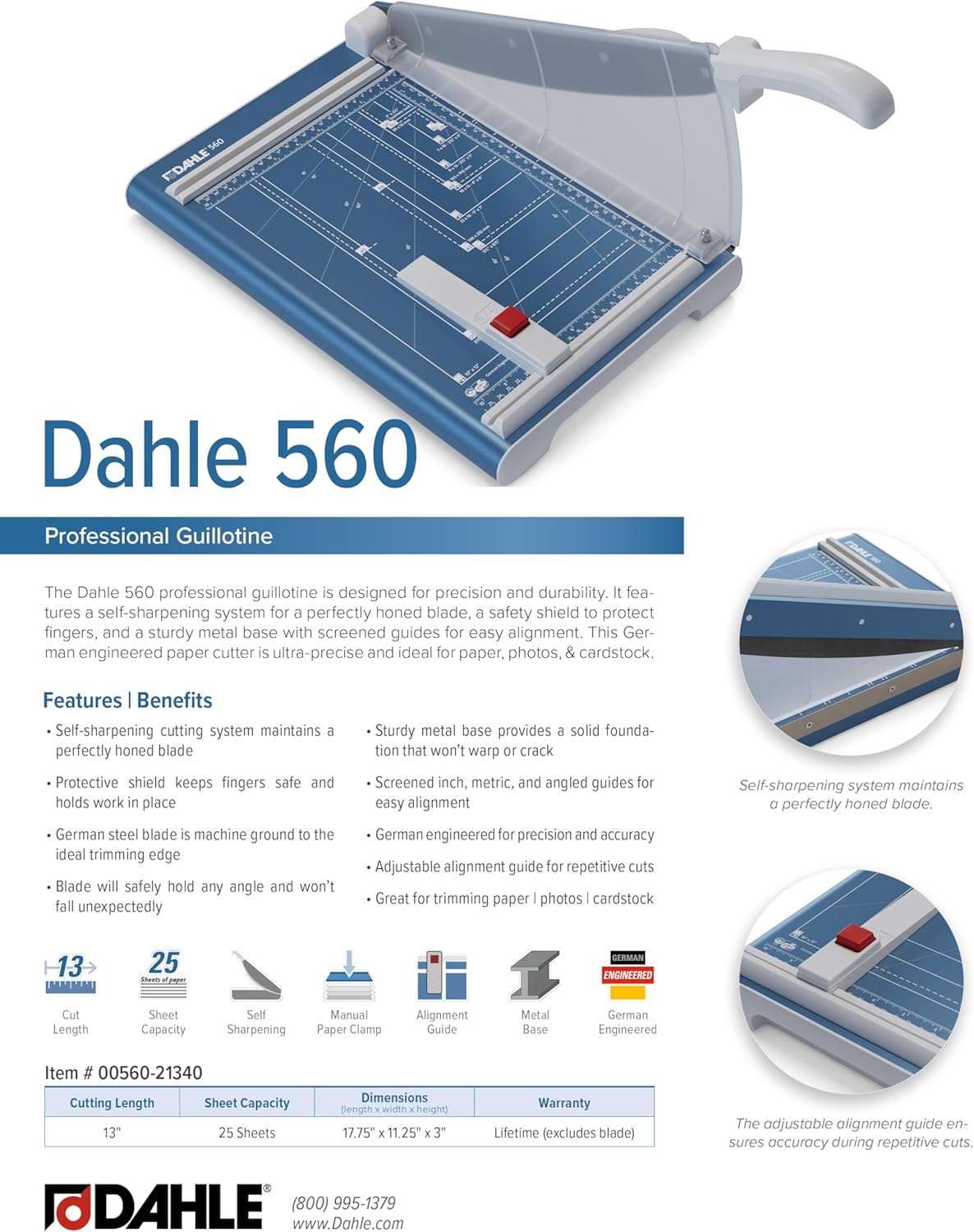 Dahle 560 Professional Guillotine Trimmer, 13" Cut Length, 25 Sheet Capacity, Self-Sharpening, Safety Shield, German Engineered Paper Cutter