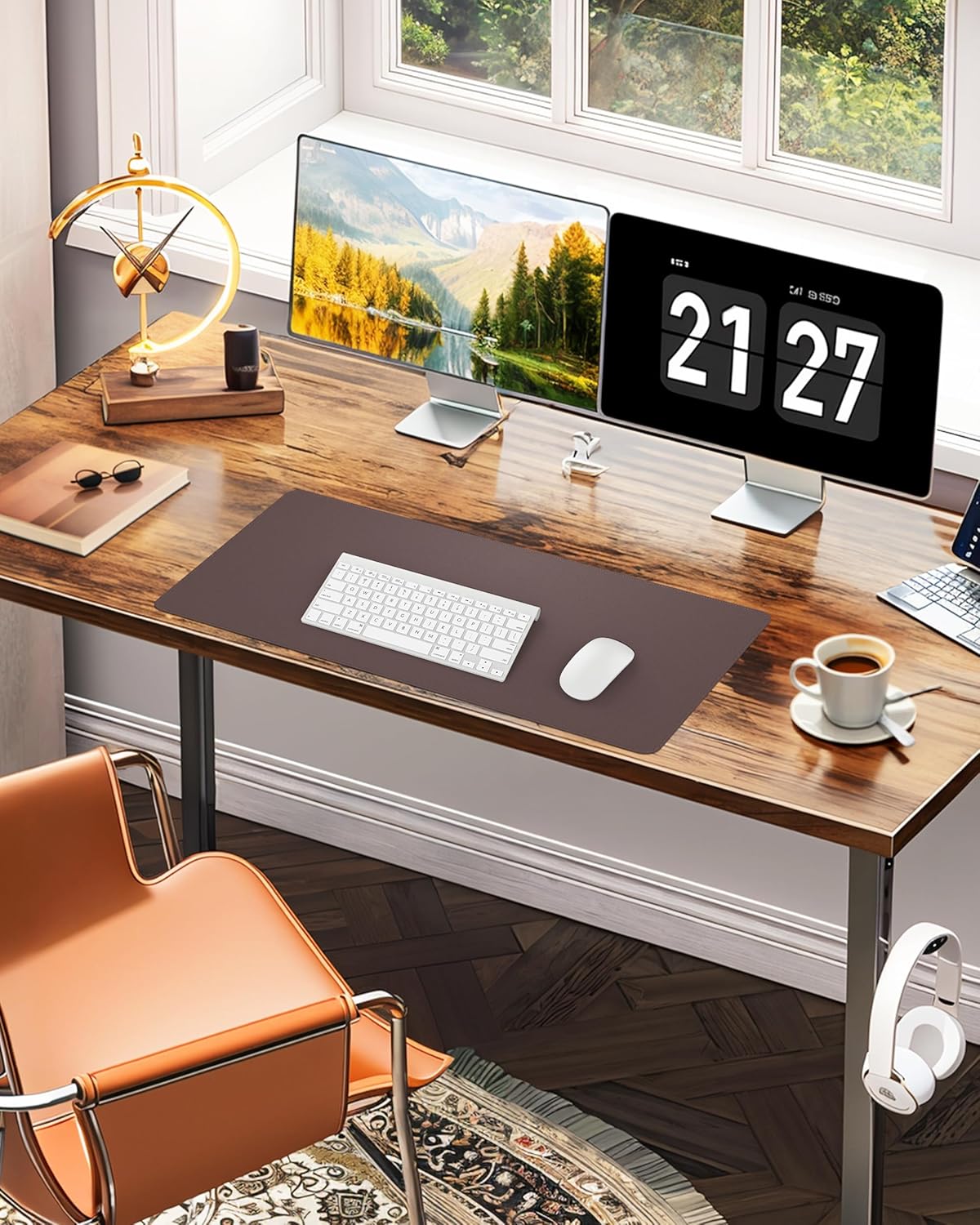 Desk Pad Mat 23.6"x13.7" - Waterproof Mouse Pad & Desk Protector, Non-Slip PU Leather for Gaming Keyboard/Mouse, Stitched Edge XL Office Desk Pad with Ergonomic Support(Coffee)