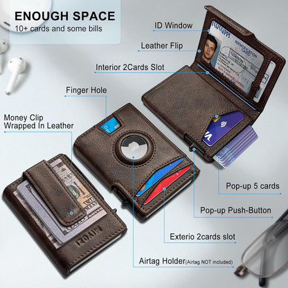Airtag Wallet for Men,with Money Clip 10 Cards Metal Case Smart Slim Pop Up Credit Card Holder Flip with Magnetic Closure RFID Blocking wallet with Gift Box