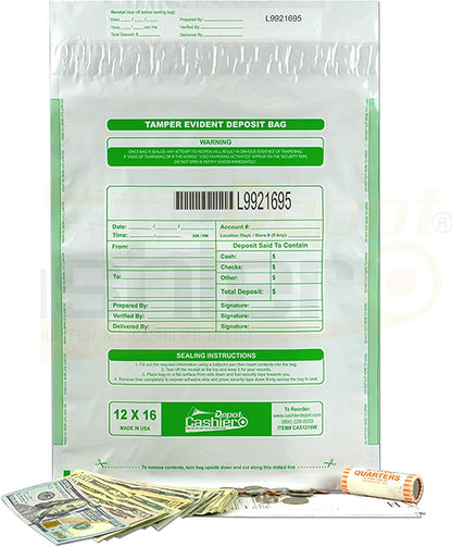 100 Cashier Depot Tamper Evident Bank Deposit Bags, 12" x 16" White/Opaque, Serialized Numbering, Barcode, Press & Seal Void Closure Tape (100 Bags)