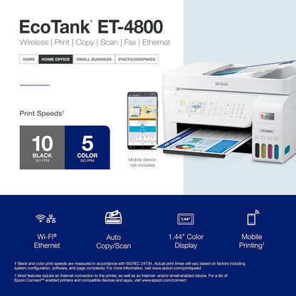 Epson EcoTank ET-4800 Wireless All-in-One Cartridge-Free Supertank Printer with Scanner, Copier, Fax, ADF and Ethernet – Ideal-for Your Home Office, White