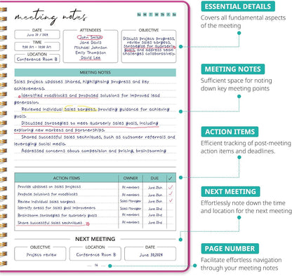 Taja Meeting Notebook for Work Organization - Work notebook with action items, Meeting Minutes Planner Notebook, Perfect Office Supplies for Men & Women - Berry Pink