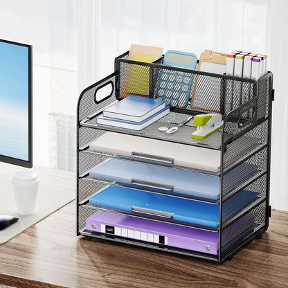 Marbrasse 5 Tier Paper Organizer with 3 Pen Holders, Mesh Desk File Organizer with Handle, Paper Sorter Desk Organizer for Home Office Supplies(Black)