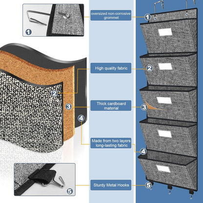 Homyfort Over the Door File Organizer, Hanging Wall File Folders with 5 Large Pockets for Papers, Charts, Mails, Magazine, Office and Back To Supplies Storage and Organization (Black)