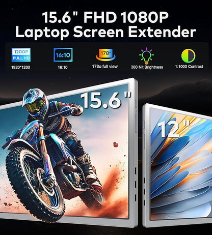 Laptop Screen Extender, 15.6" FHD 1080P IPS Portable Monitor for Laptop, Dual Monitor Extender for 13"-17.3" Laptops, Compatible with MacOS, Windows