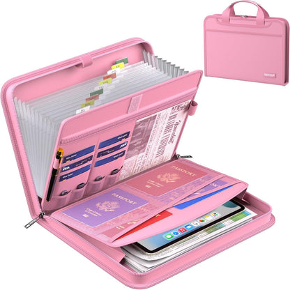 ENGPOW Accordion File Organizer,Fireproof Expanding File Folder with Multi Pockets,13 Pockets Document Organizer with Handle & Labels,Portable Home Travel Safe Storage Folder for Letter A4 Files,Pink