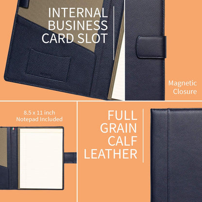 Maruse Italian Leather Executive Padfolio, Folder Organizer with Magnetic Closure and Writing Pad, Handmade in Italy, Navy Blue