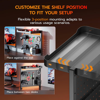 ARES WING Desk Clamp On Pegboard with 16 inches Organizer Shelf, Adjustable Above or Under Desk Storage Shelf Holds 44 lbs, Magnetic Metal Peg Board for Office and Gaming Accessories, Black