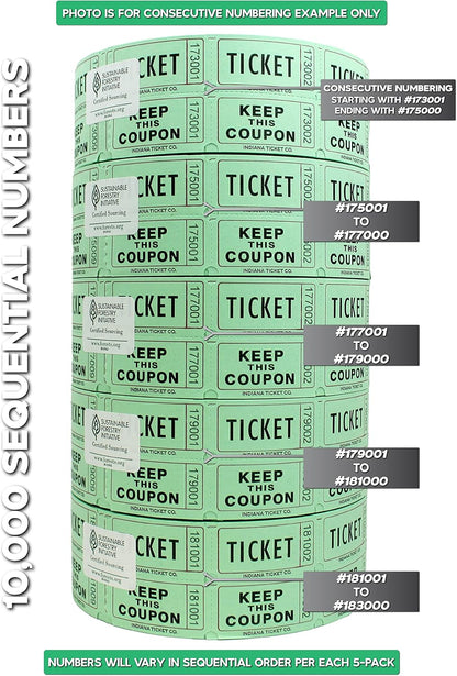 INDIANA TICKET CO. 10,000 Green CONSECUTIVELY Numbered Raffle Ticket Roll. 5 Rolls of 2,000, for Classroom Rewards, Events, Fundraisers, Door Entry, Raffles, Prizes, Drink/Food Tickets, & More