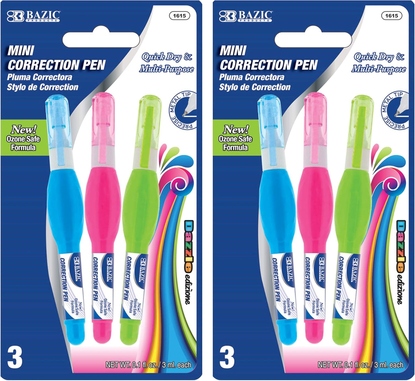 BAZIC Correction Pen (0.1 oz / 3 ml), Precise Metal Tip Applicator, Fine Point Corrections Fluid, Squeeze White Out Wipe Out Liquid (3/Pack), 2-Packs