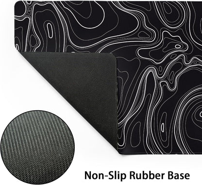 Topographic Map Black Gaming Mouse Pad XL Minimalist Topo Geographic White Lines Extended Large Mat Mousepad Desk Pad Non-Slip Rubber Base Stitched Edge Long Keyboard Pad for Computer,31.5×11.8 in