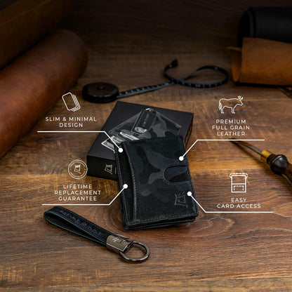 Kings Loot Money Clip Slim Minimalist Wallet for Men – RFID Blocking Leather Design with Money Clip – Front Pocket Bifold Holds 12 Cards – Stylish & Compact Wallets (Camo Black)